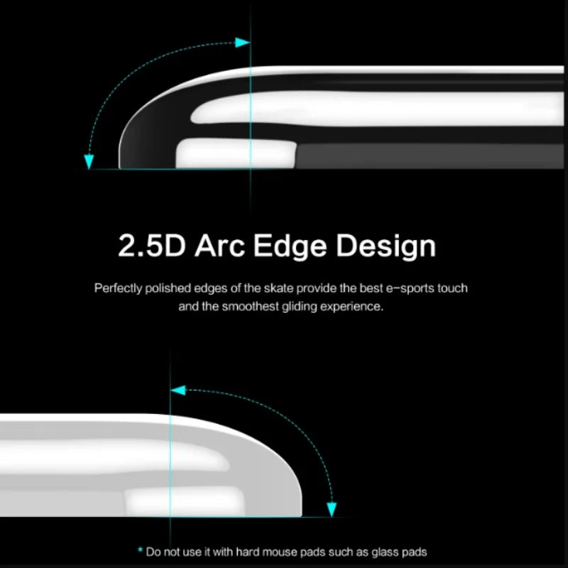 Diagram illustrating the 2.5D Arc Edge Design of a skate for e-sports touch and smooth gliding.