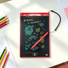 A red portable LCD drawing tablet displaying a green constellation theme with astronaut and space elements.