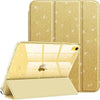 Coque de protection dorée et scintillante pour iPad, ouverte avec une housse intérieure jaune clair.