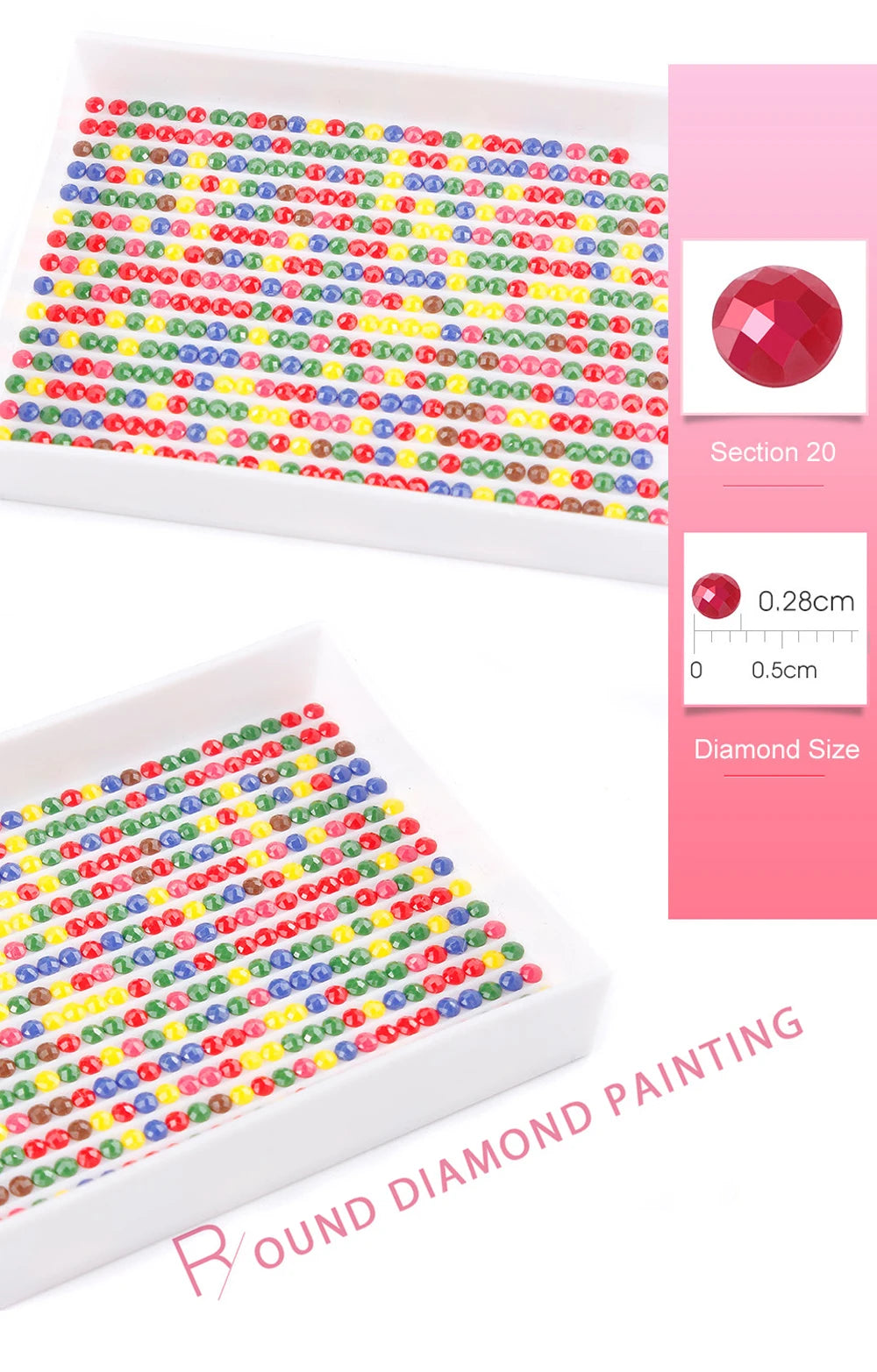 A white storage case filled with numerous colored round diamonds for diamond painting projects.