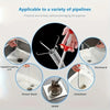 A bendable drain auger with a claw grabber is shown being used to clear clogs in various pipes and drains.