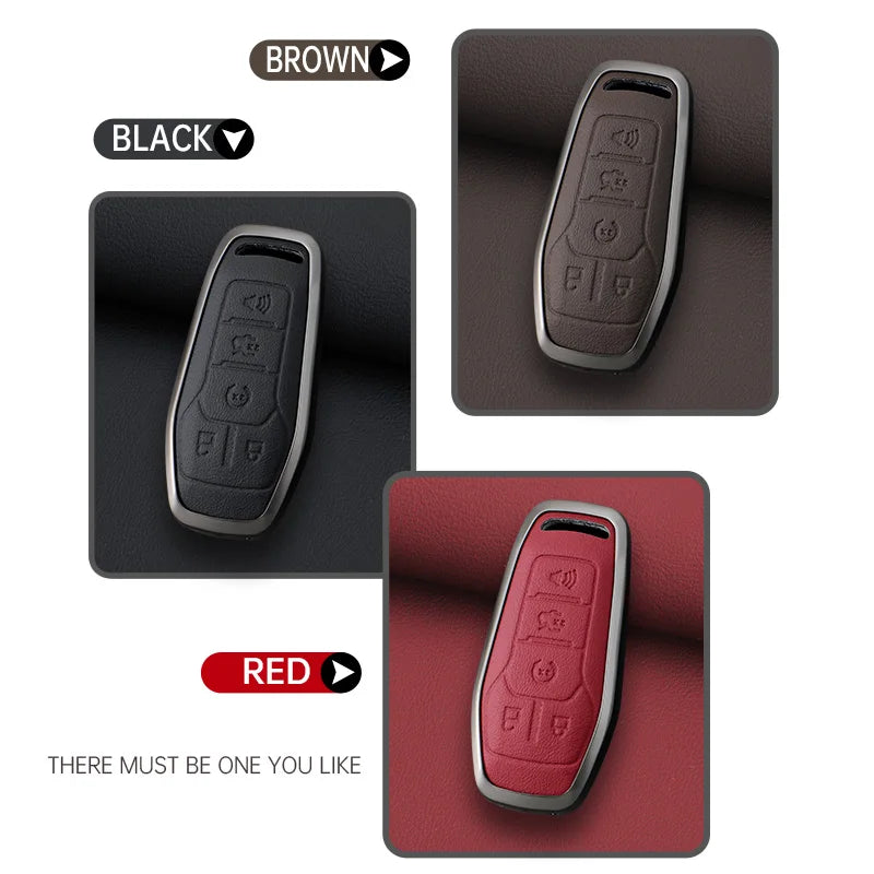 Three car key cases in brown, black, and red colors shown with a close-up view.