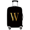 Black rolling suitcase with a gold letter W print on the side.