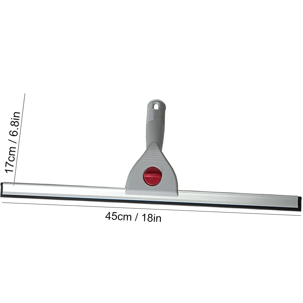 A silver glass cleaning squeegee with a silicone blade and a handle, shown against a white background.
