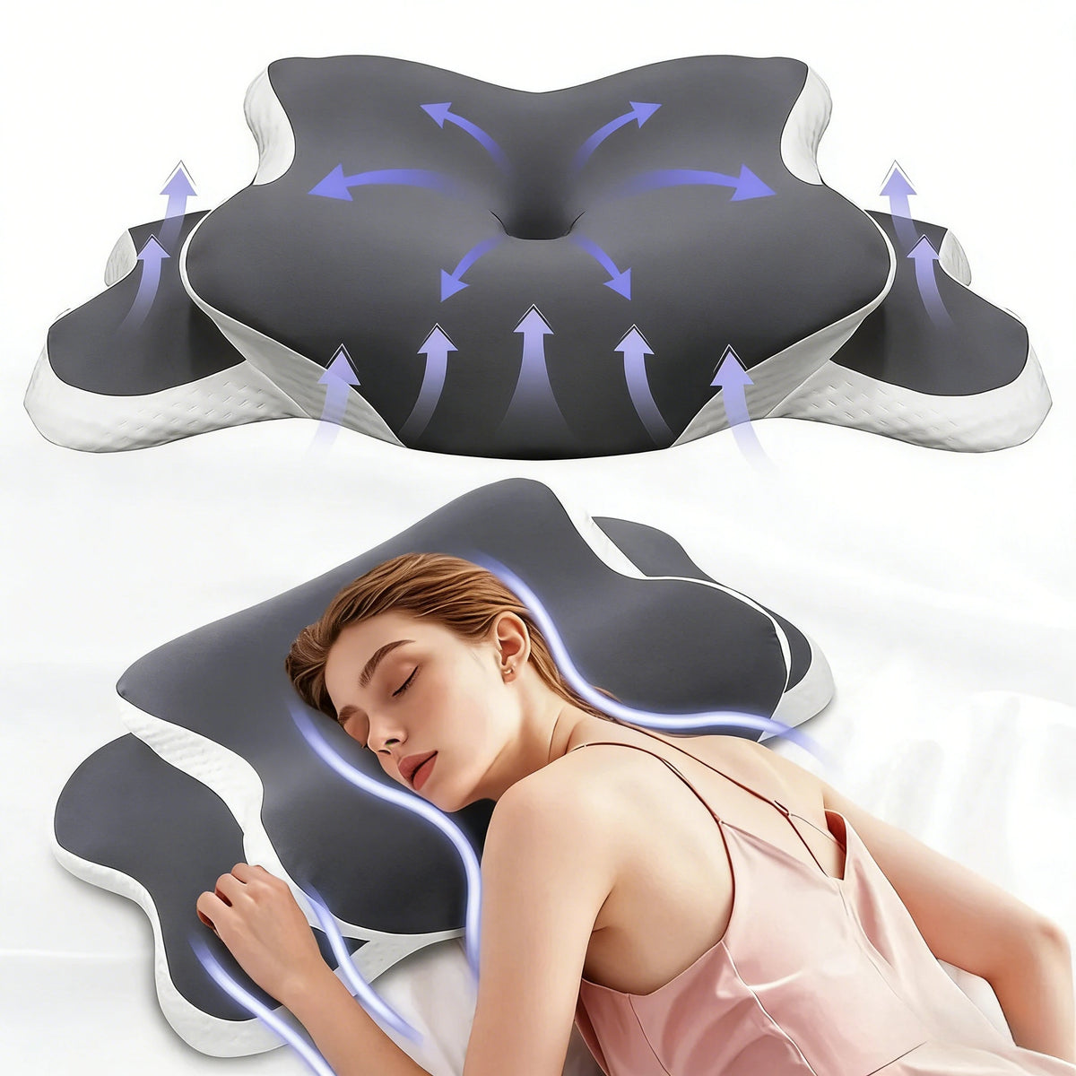 A person rests their head on a dual height memory foam cervical pillow with an armrest for neck pain relief.