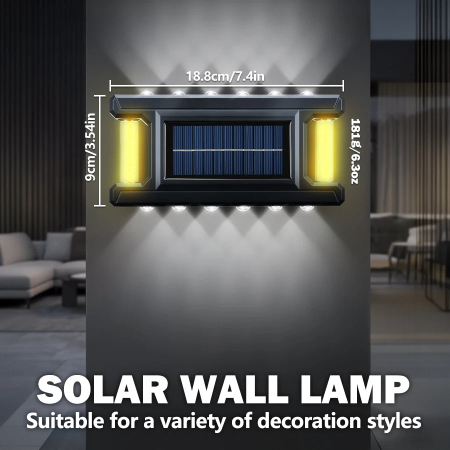 A close-up of a solar wall lamp with a rectangular light panel and surrounding illumination on a gray wall.