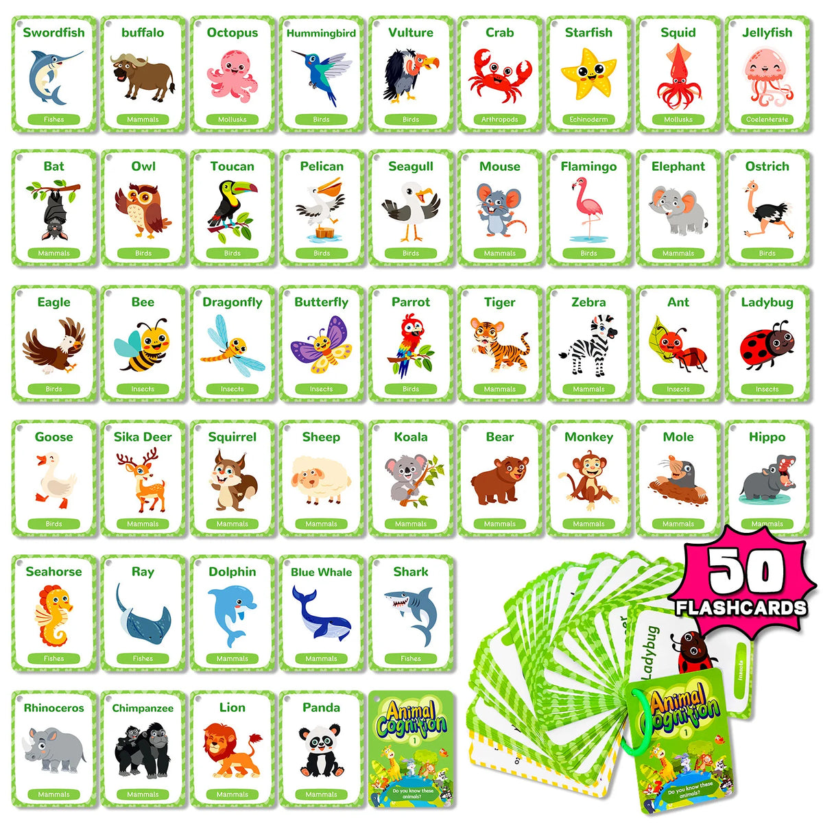 A collection of animal flash cards featuring various animals like swordfish, buffalo, octopus, and tiger for early learning.
