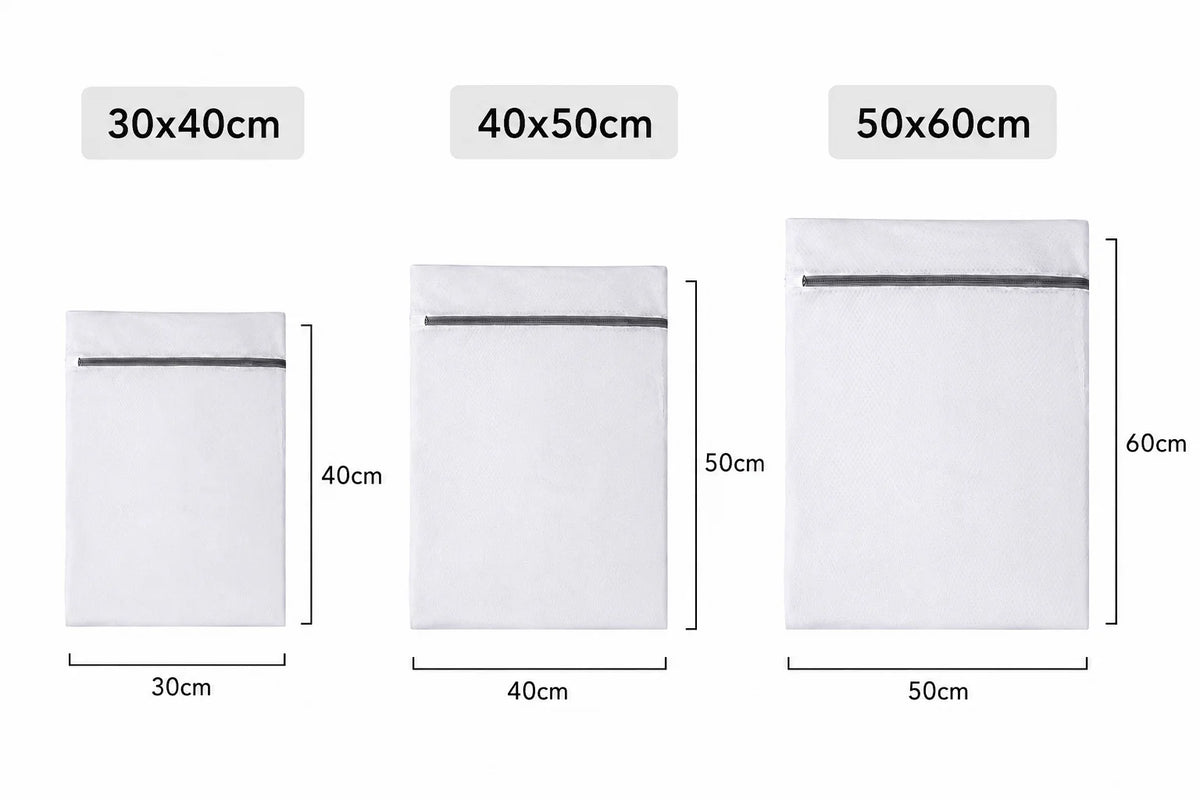 Three mesh laundry bags in sizes 30x40cm, 40x50cm, and 50x60cm shown side by side.