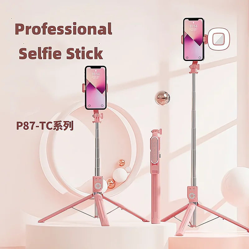 Ein professioneller Selfie-Stick in rosa und silber angezeigt vor einem hellen Hintergrund.