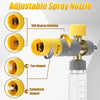 Adjustable spray nozzle featuring 360 degree rotating, fan shaped, and cylindrical shaped nozzles on a clear bottle.