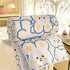 White comforter with blue and orange panda print featuring a lace trim on a white fabric.