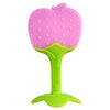Pink silicone strawberry baby teether with a green handle