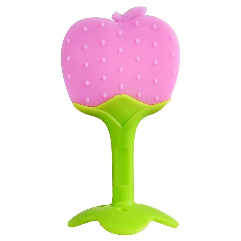 Pink silicone strawberry baby teether with a green handle