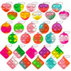 A collection of colorful mini pop keychain fidget toys in various shapes and colors.
