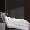 A white goose down comforter is displayed on a bed with gray bedding and dark wall paneling.