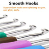 A close-up view of a set of smooth metal crochet hooks with various sizes shown against colorful craft tools.