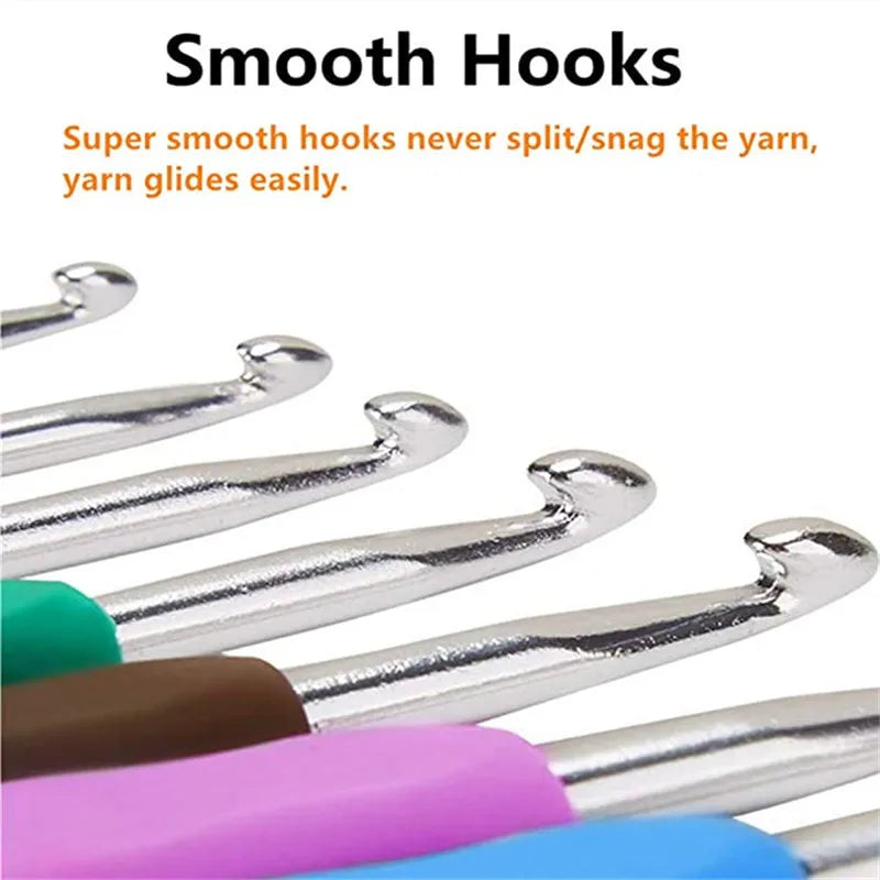 A close-up view of a set of smooth metal crochet hooks with various sizes shown against colorful craft tools.