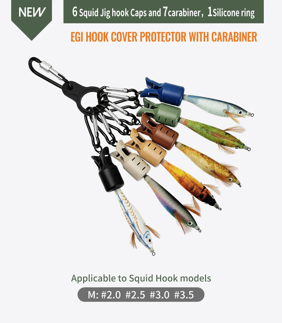 A set of six squid jig hook caps and a carabiner protector for squid hook models sizes 2.0 to 3.5
