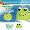 A green frog bath toy with large eyes is shown spraying water in a blue pool.