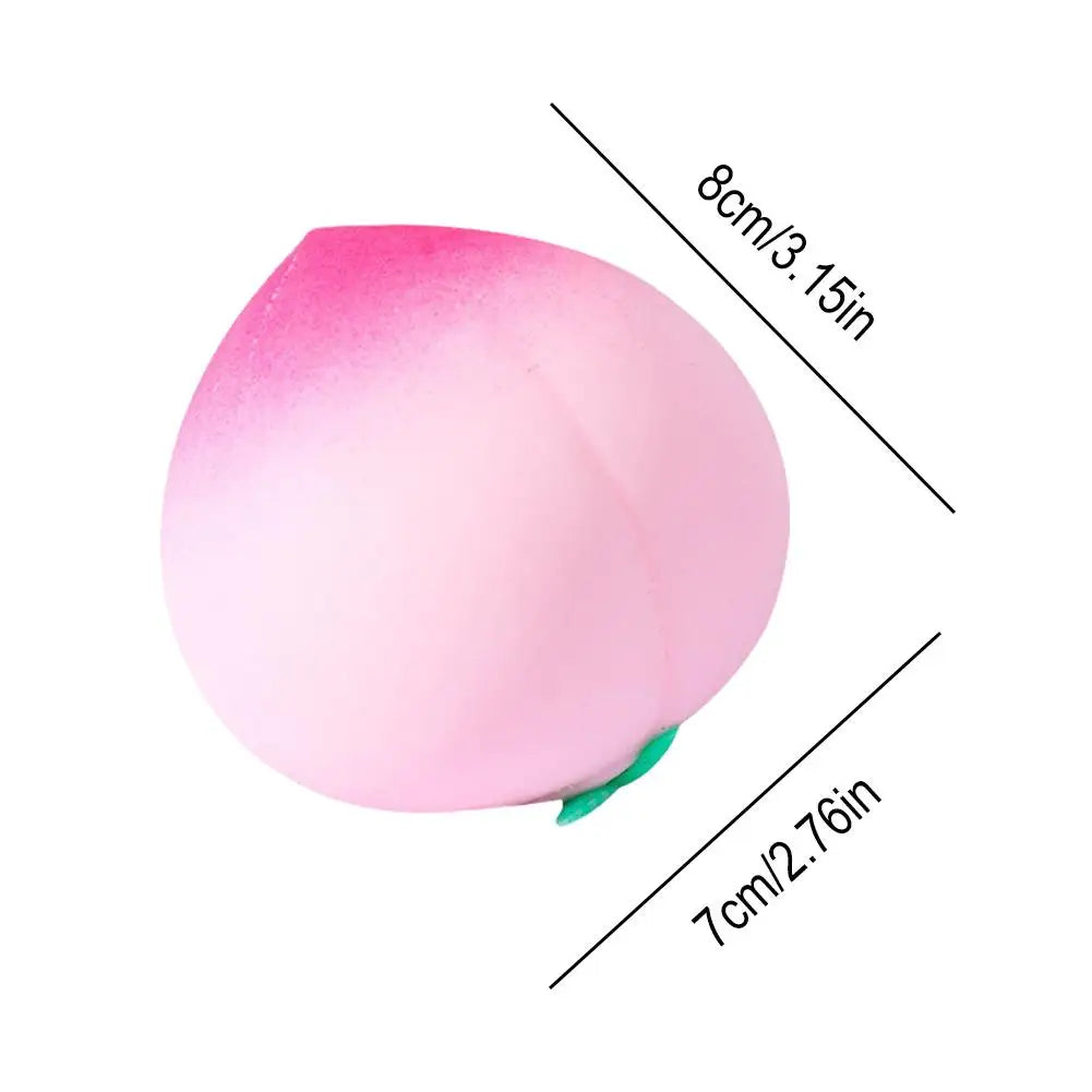Jouet anti-stress pêche rose squishy montrant ses dimensions.