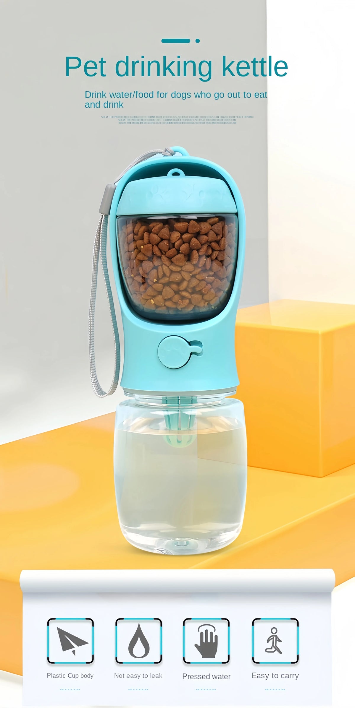 A light blue pet drinking kettle with a silicone spout and a clear water bottle for dogs.