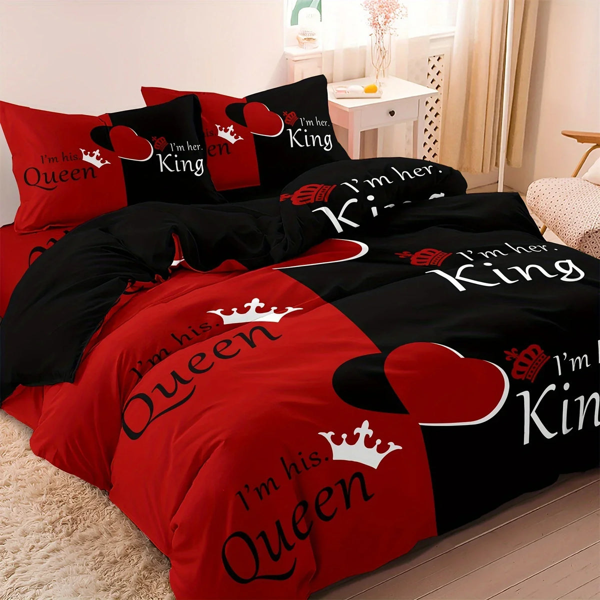 Dark Red Three-Piece Duvet Cover Set with Letter Print
