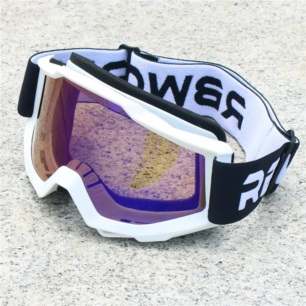 White and black retro motorcycle sunglasses with purple tinted lenses resting on a light gray surface.