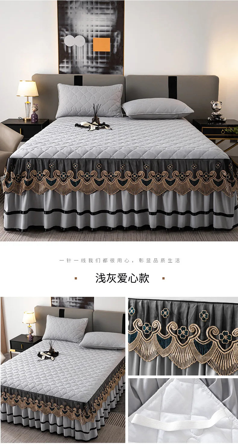 Gold Embroidered Lace Bed Skirt with Heart Pattern