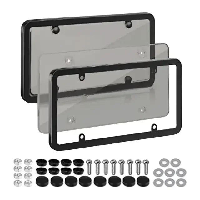 A tinted license plate protector shown with mounting brackets and various hardware components.