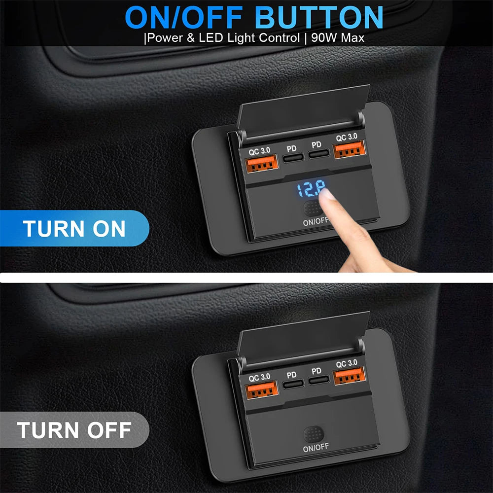 96W 4-Port USB Car Charger with Dual PD & Dual QC 3.0