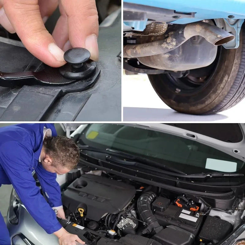 A hand is shown using a tool to install or remove a heavy-duty plastic fastener on an automotive part.