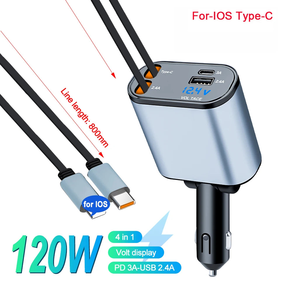 4-in-1 Car Charger with Retractable Cable and Light