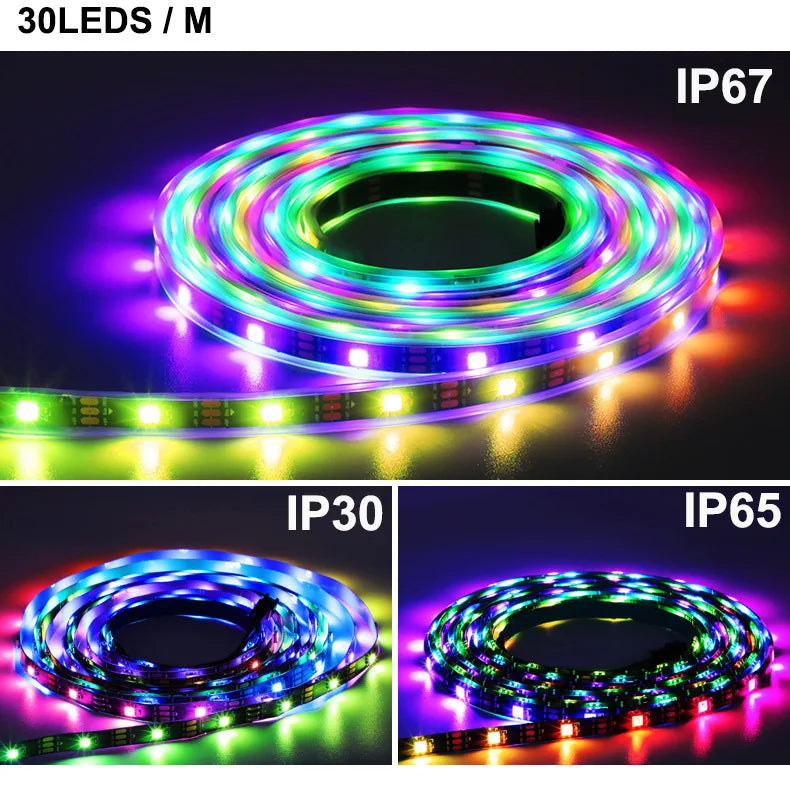Various IP rated LED strips showing different light patterns and colors.