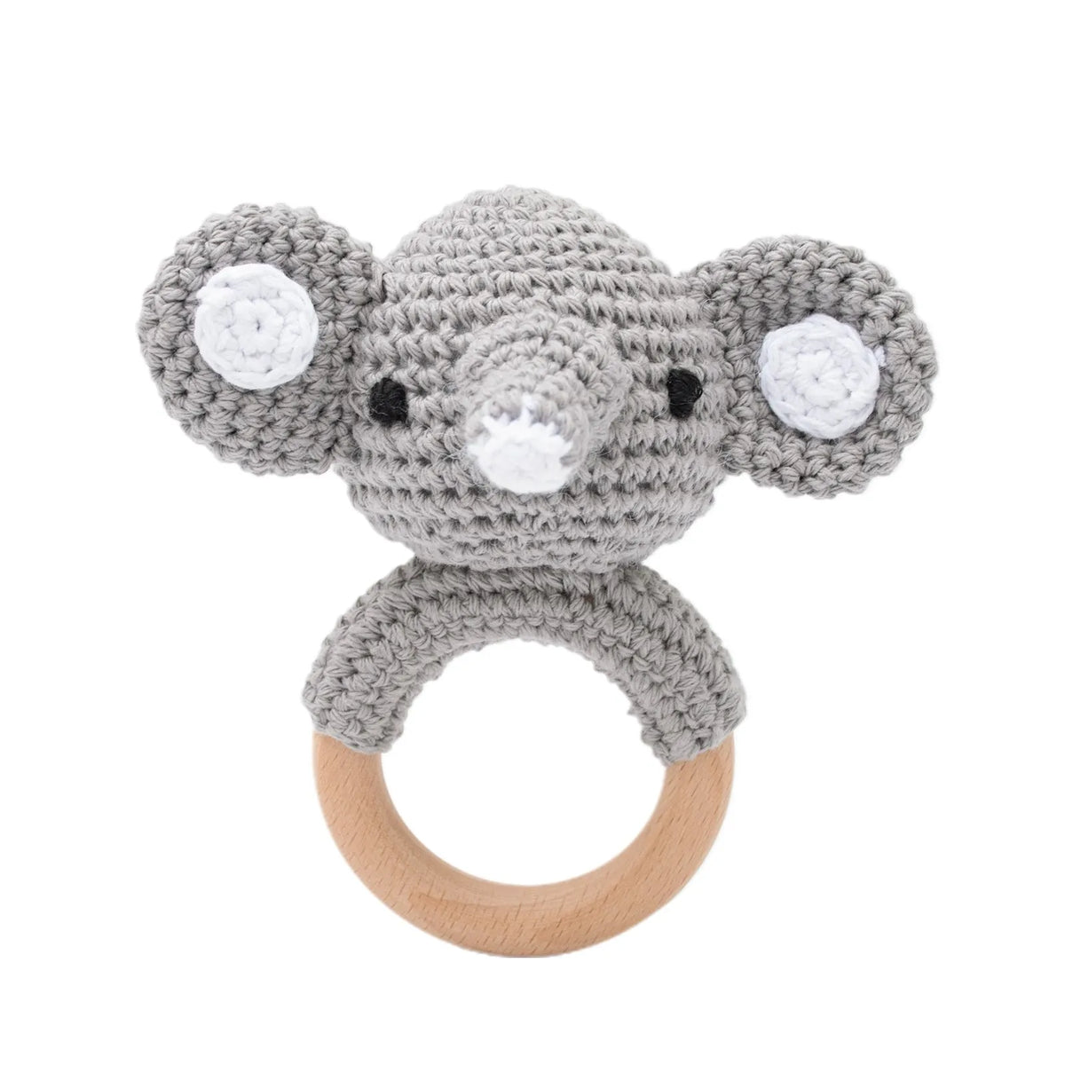 A gray crochet bunny rattle featuring white accents and a natural wood teether ring.