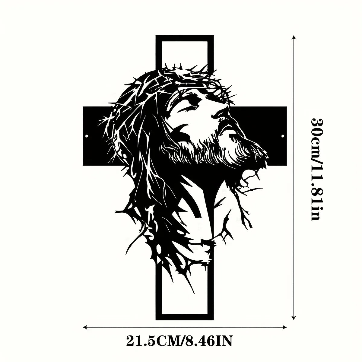 Silhouette noire de la tête et de la barbe de Jésus avec un contour de croix sur fond noir.