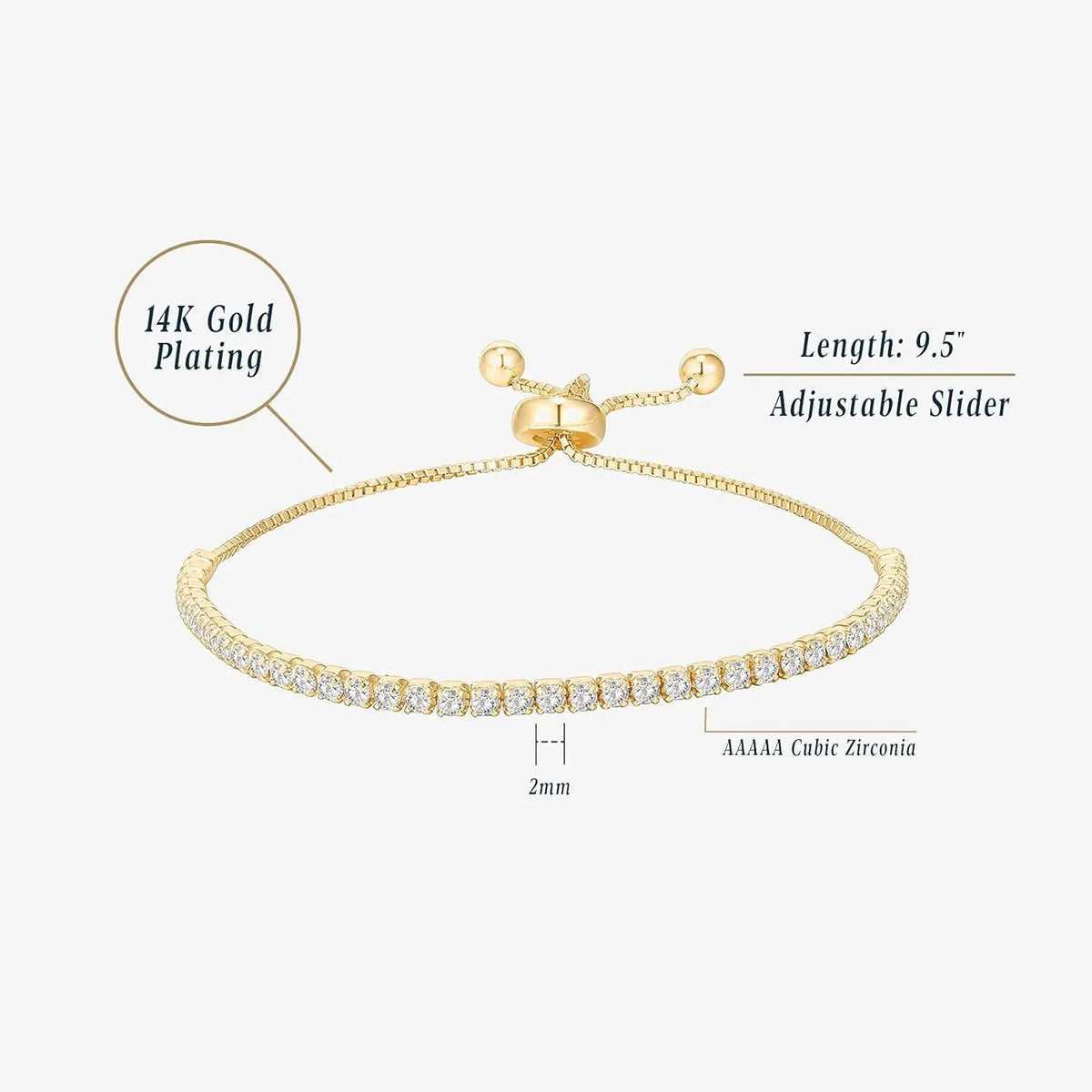 A gold plated tennis bracelet featuring AAA cubic zirconia stones and an adjustable slider.