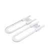 A pair of white adjustable U-shaped cabinet locks with a textured grip and mounting hardware.