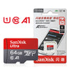 SanDisk Ultra microSD card packaging showing a 64GB memory card and an accompanying instruction manual.