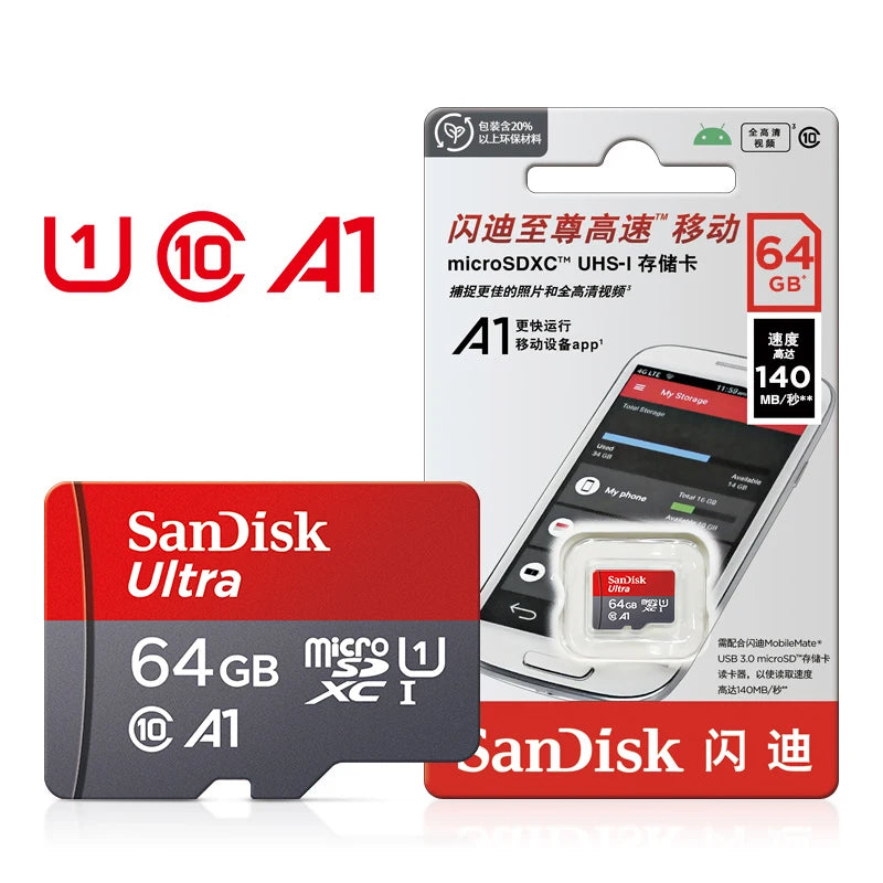 SanDisk Ultra microSD card packaging showing a 64GB memory card and an accompanying instruction manual.