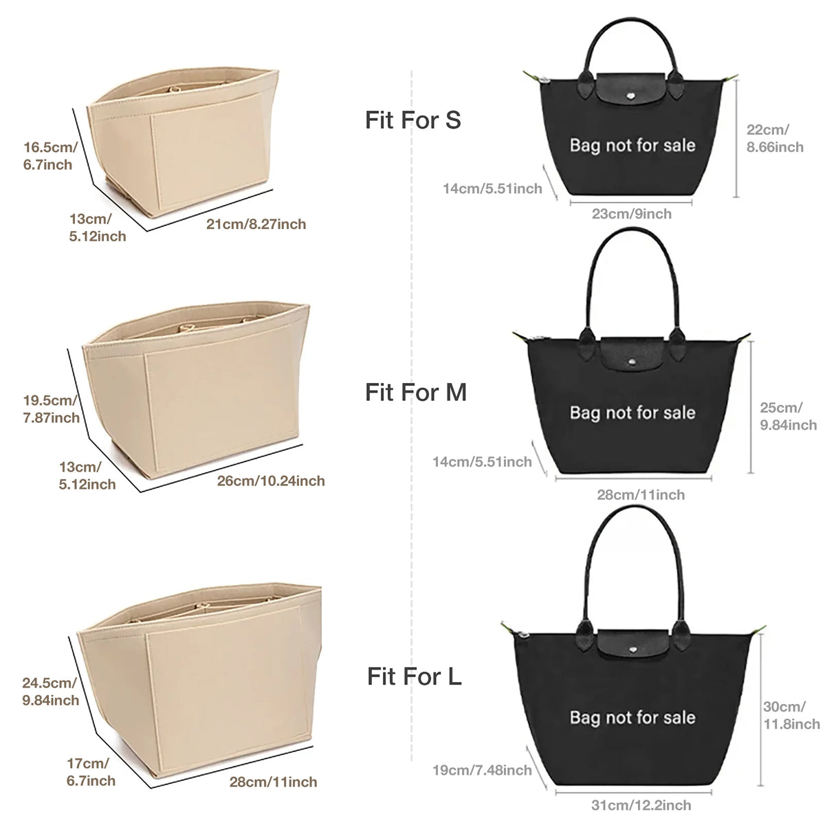 Three sizes of felt purse organizer inserts shown with corresponding bag dimensions for sizes S, M, and L.