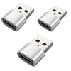 Three silver USB-C to USB adapters for fast charging and data transfer.