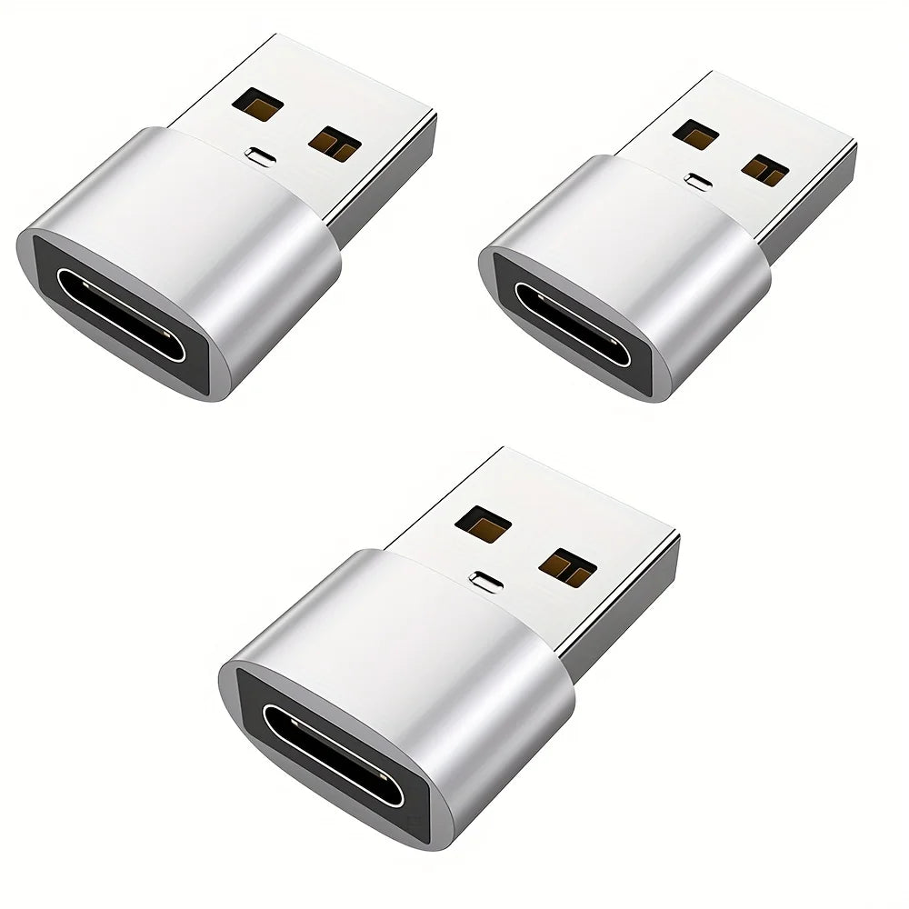Three silver USB-C to USB adapters for fast charging and data transfer.