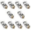 A set of silver and gold aluminum alloy tent rope tensioners with reflective cords shown from various angles.