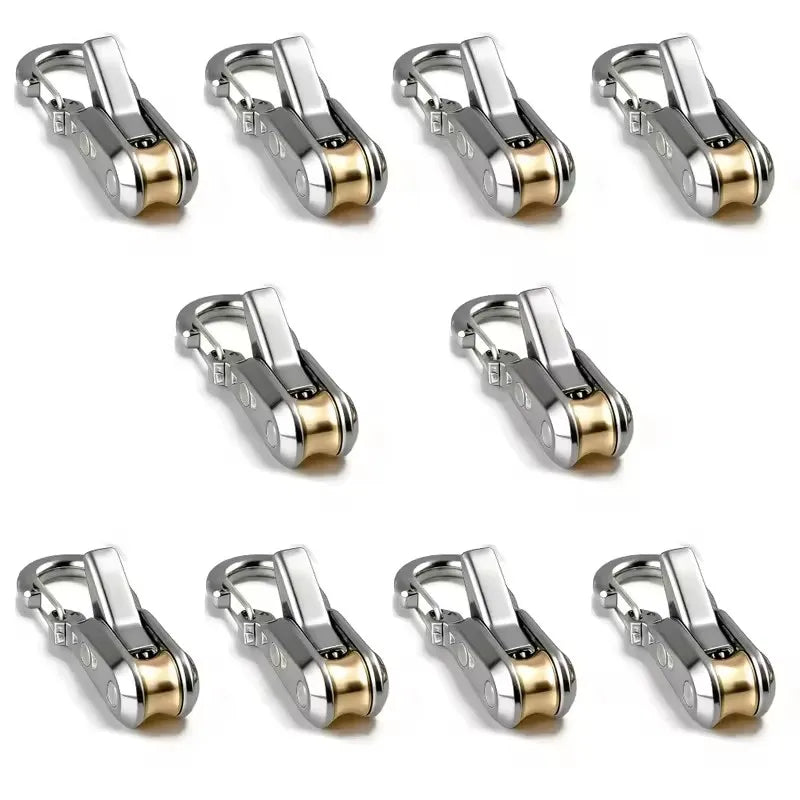 A set of silver and gold aluminum alloy tent rope tensioners with reflective cords shown from various angles.