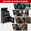 A black rolling tool cabinet with five drawers and a detachable tool chest shown in various work environments.