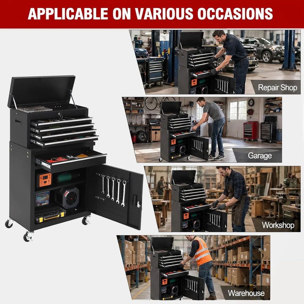 A black rolling tool cabinet with five drawers and a detachable tool chest shown in various work environments.