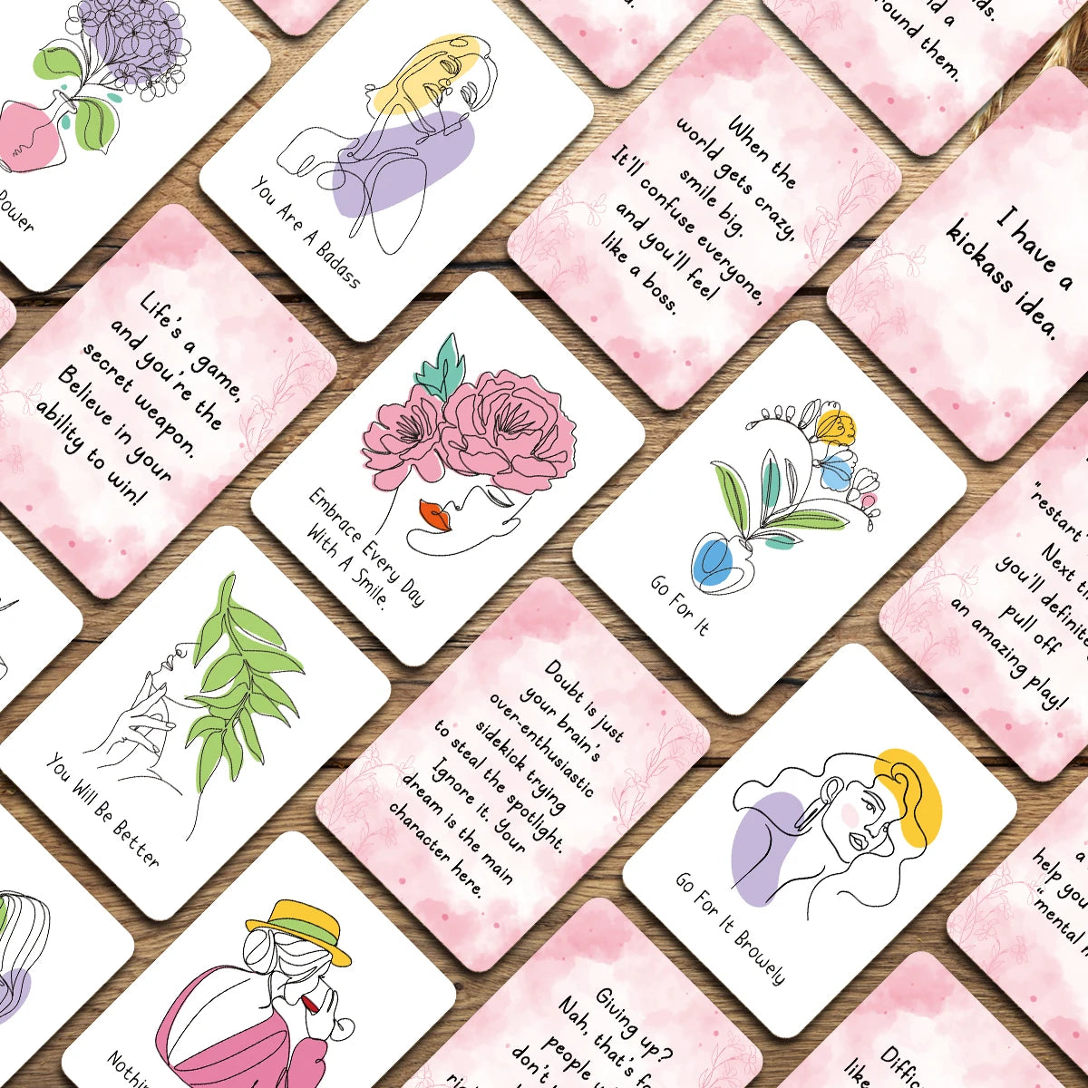 Eine Sammlung inspirierender Affirmationskarten mit positiven Phrasen und Illustrationen.