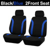 Black and blue two-front car seat covers for a vehicle.