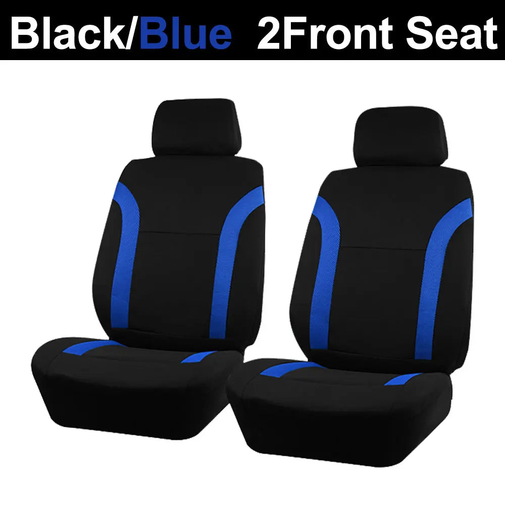 Black and blue two-front car seat covers for a vehicle.