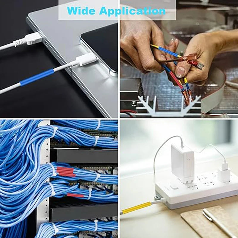 A collection of heat shrink tubing kits and wire sleeving materials showing various applications for electrical protection.